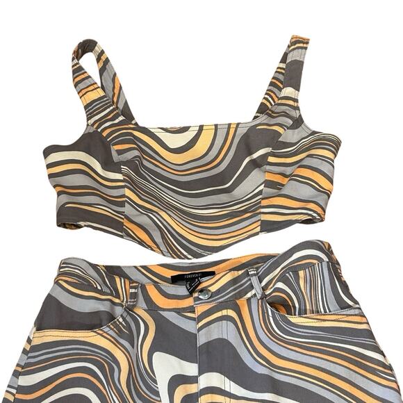 Forever 21 Women’s Allover Abstract Crop Top & Matching Pants Orange Swirls M - Picture 3 of 16